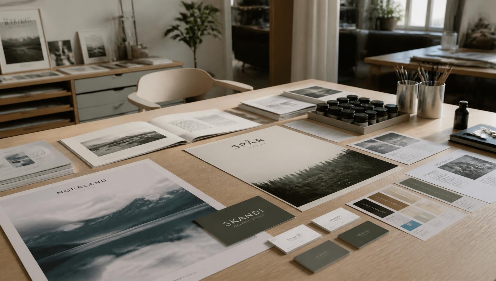 Trycksaker, affischer och visitkort på ett arbetsbord i en grafisk designstudio