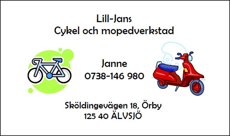 Visitkort för Lill-Jans Cykel och mopedverkstad – visitkort Älvsjö